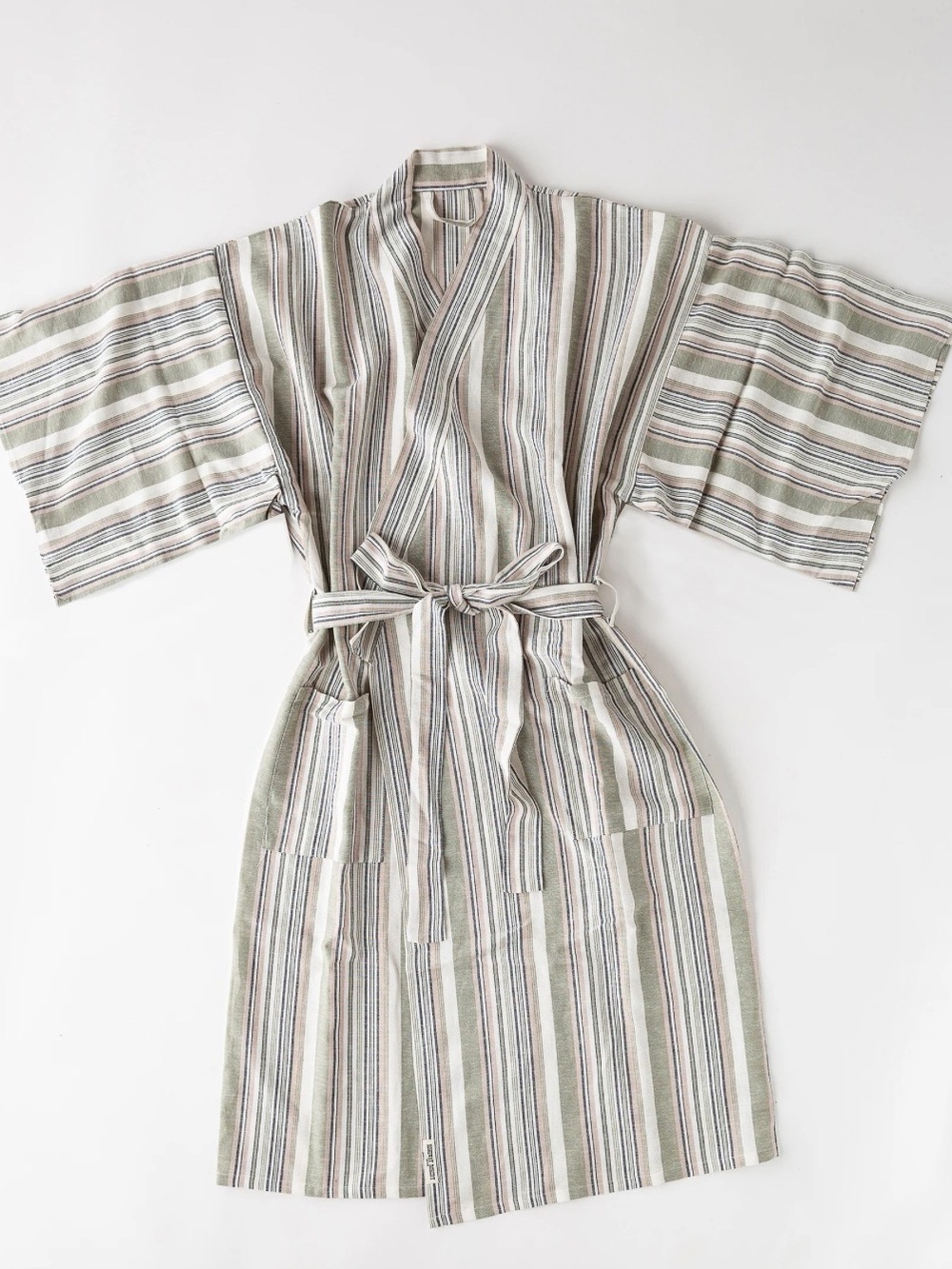 Highway Robery Cotton Kimono-Style Robe in Sage and Cream Stripes Standard Size